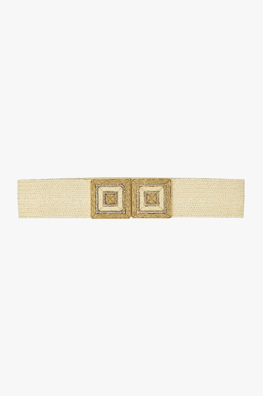 Q2 Spessa cintura intrecciata beige con fibbia quadrata con dettagli dorati