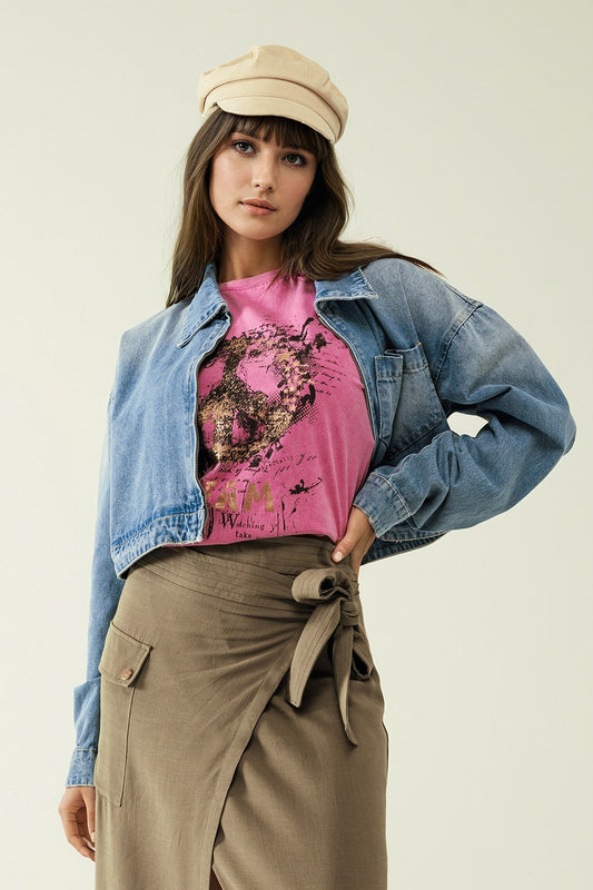 Q2 T-shirt a maniche corte con grafica Peace Sign sul davanti in fucsia