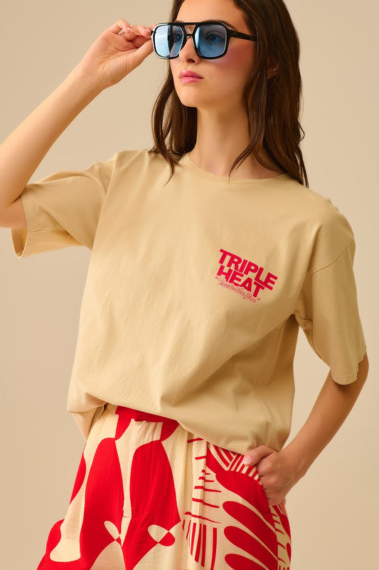 Q2 T-shirt beige a manica corta TRIPLE HEAT dal taglio rilassato
