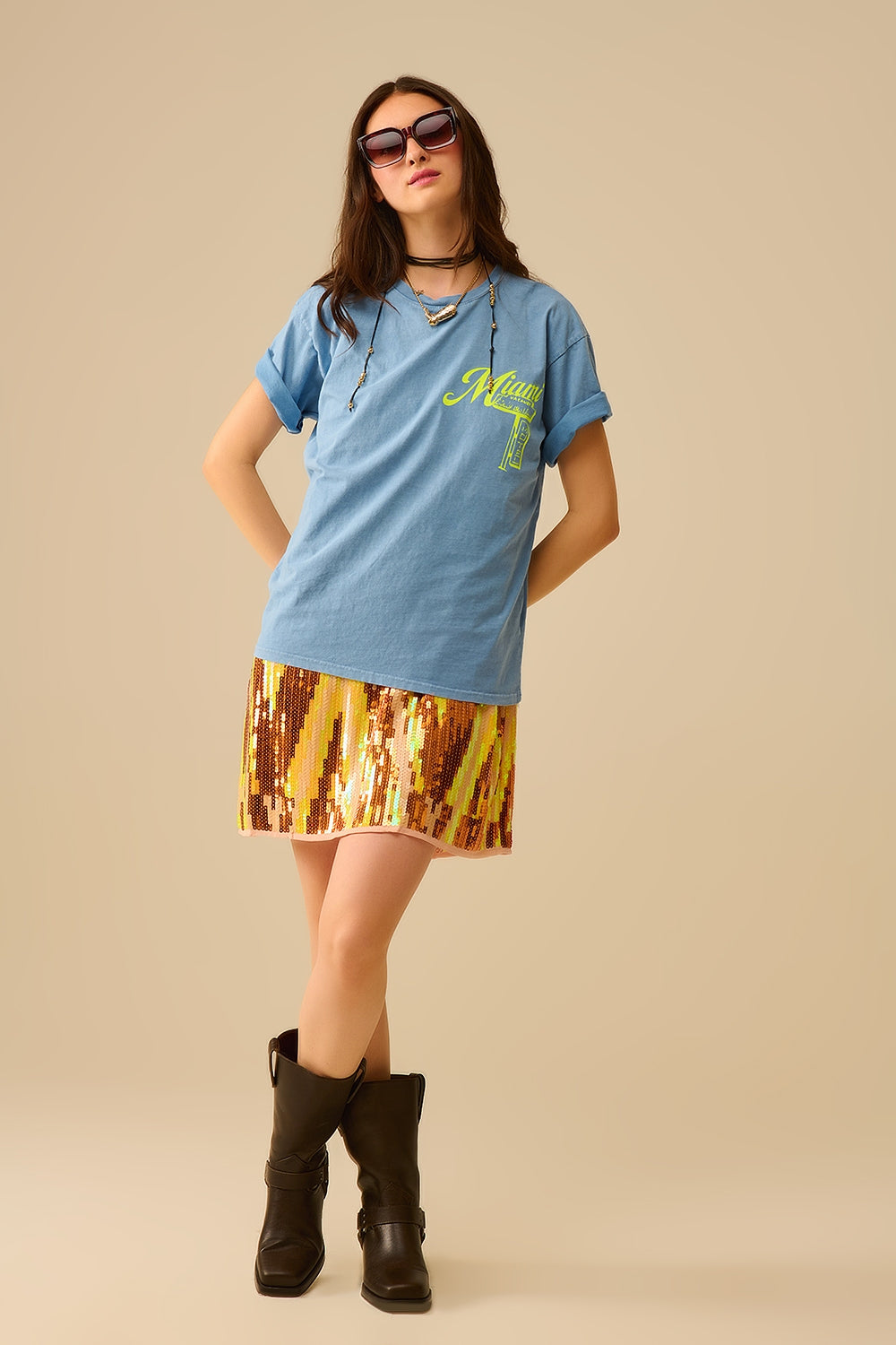 T-shirt blu con stampa del logo Miami in giallo