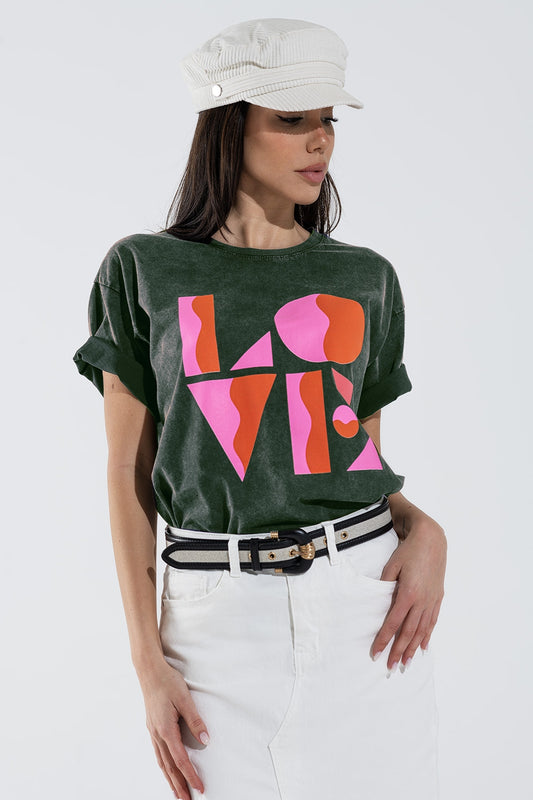 Q2 T-shirt con stampa digitale art déco LOVE in grigio