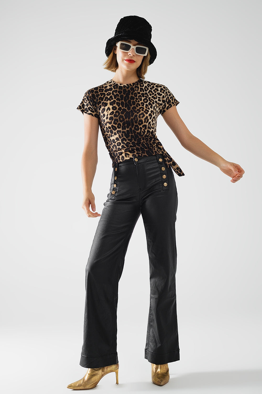 T-shirt in Spandex con stampa leopardo e fiocco