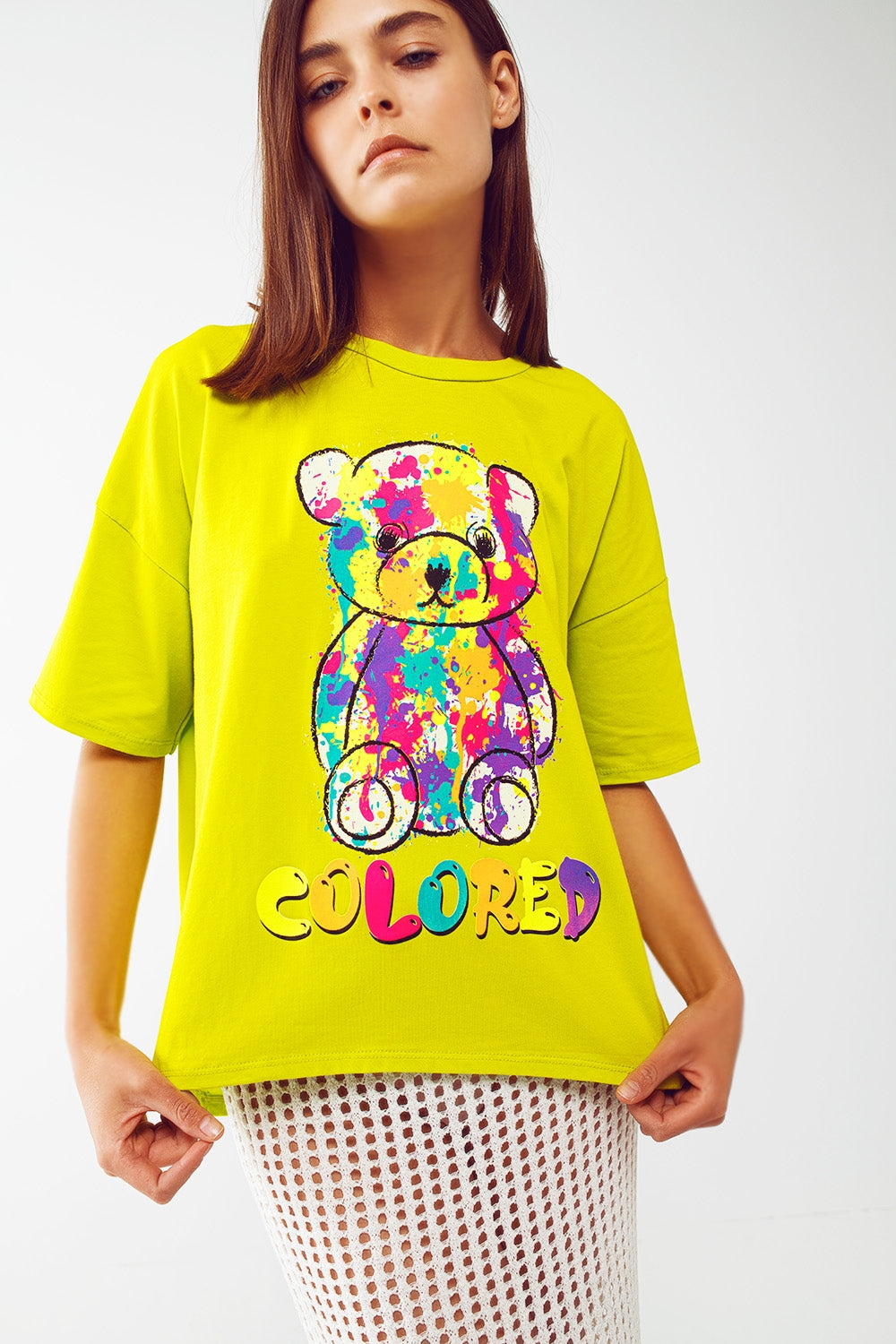 Q2 T-shirt lime ampia con orsetto colorato