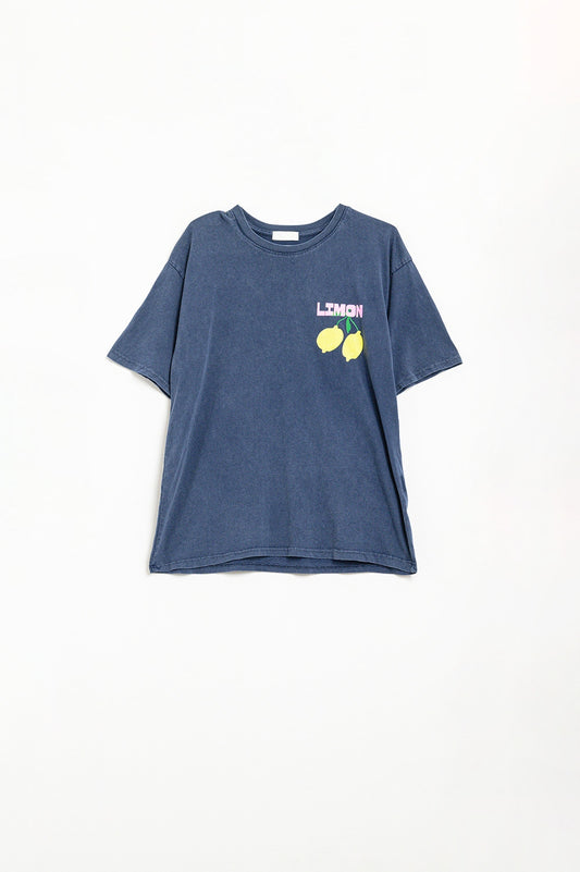 Q2 t-shirt navy rilassata con stampa di limoni