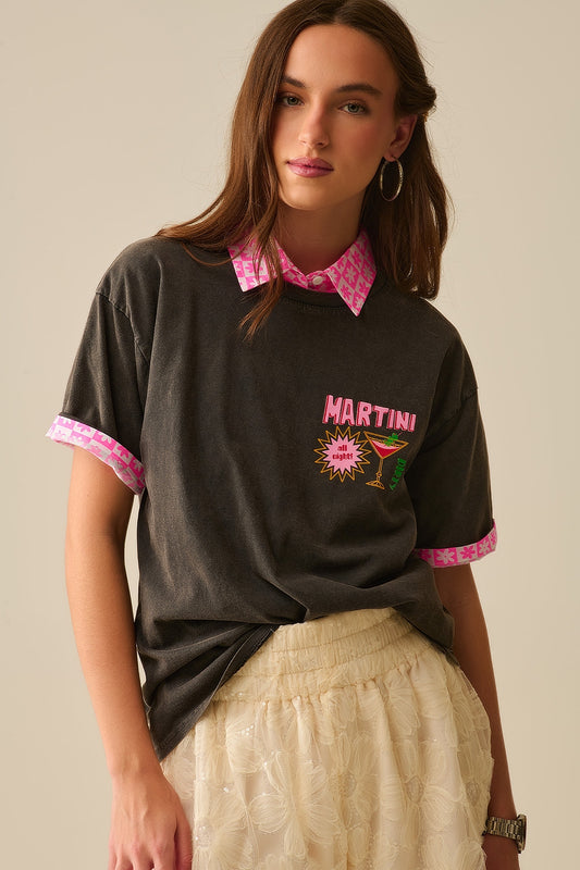 Q2 t-shirt nera stone wash made in Italy con logo grafico Martini