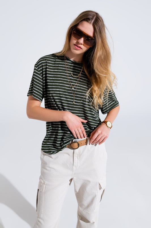Q2 T-shirt Relaxed a righe con scollatura a girocollo in cachi