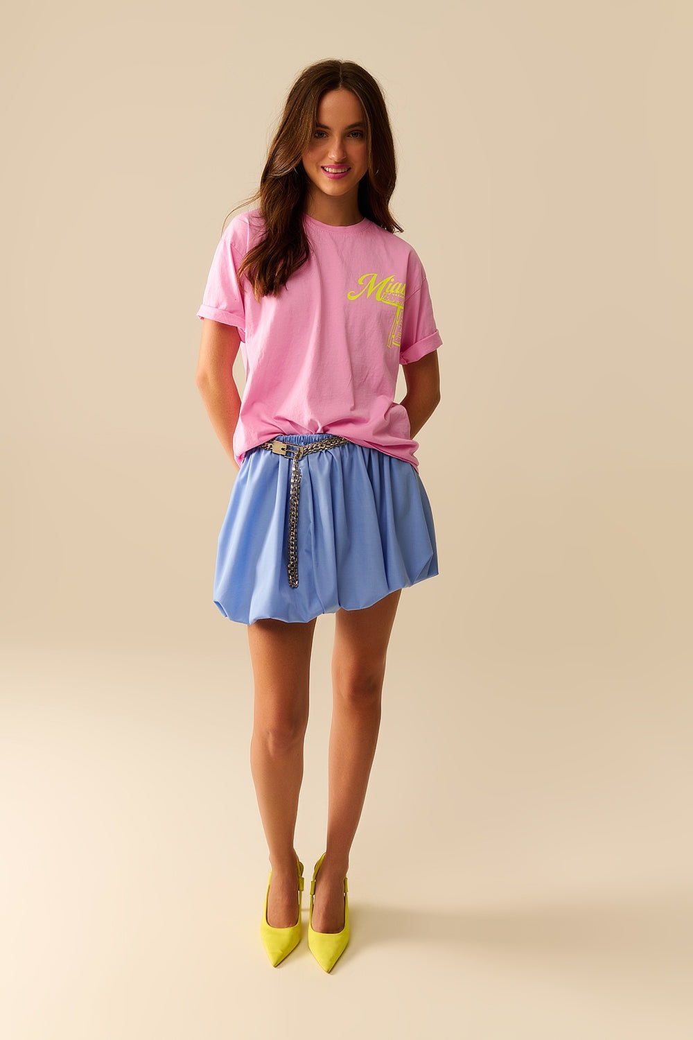 T-shirt rosa con stampa del logo Miami in giallo