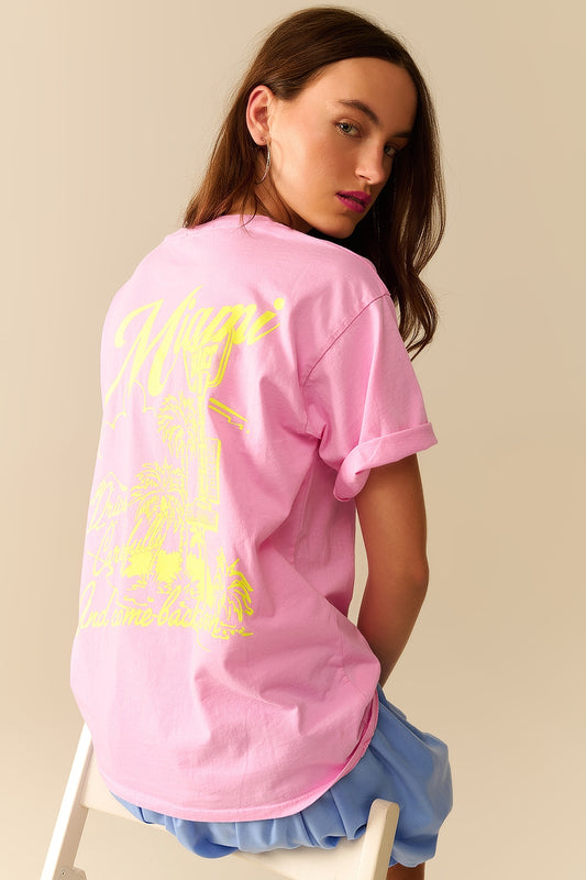 Q2 T-shirt rosa con stampa del logo Miami in giallo