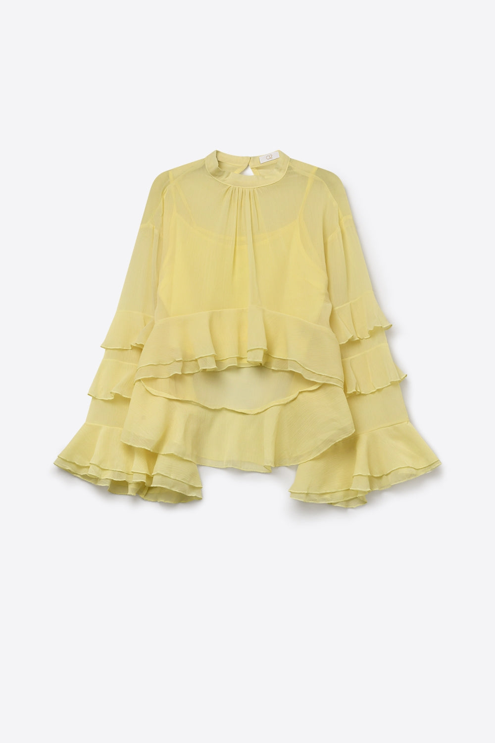 Top a collo alto con maniche svasate e arricciate in chiffon giallo