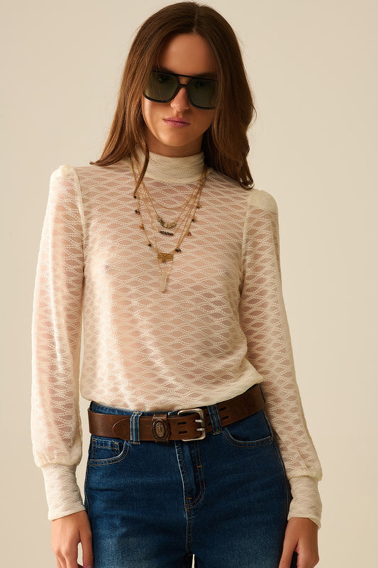 Q2 Top a Collo Alto in Pizzo Beige Trasparente con Spalle a Sbuffo