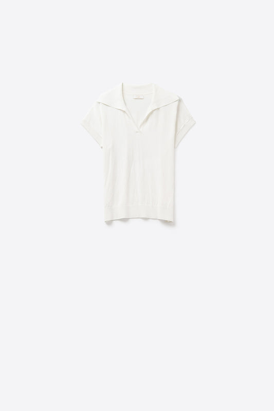 Q2 Top a manica corta in maglia fine tipo Polo in bianco