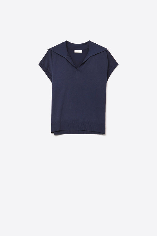 Q2 Top a manica corta in maglia fine tipo Polo in blu scuro