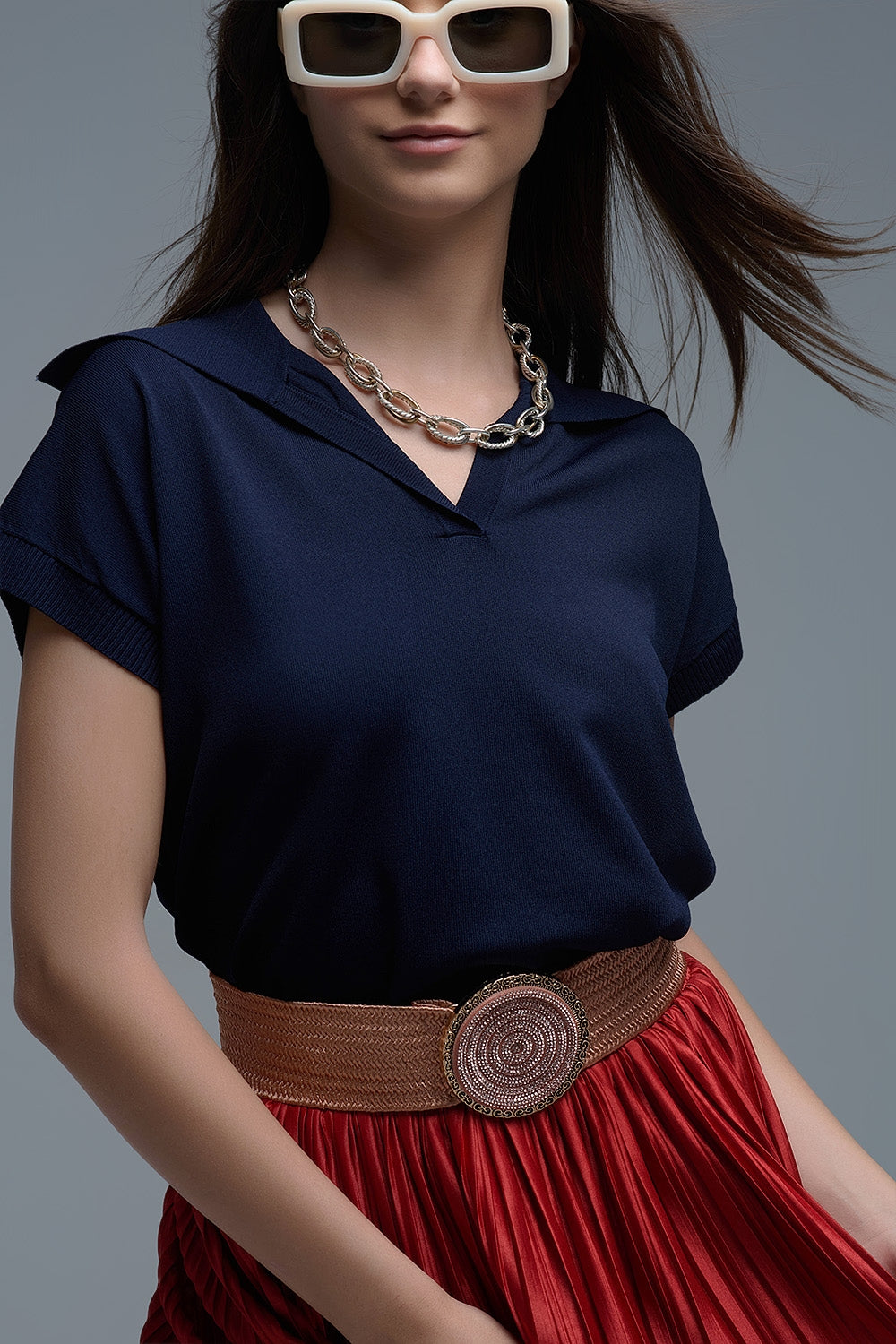 Top a manica corta in maglia fine tipo Polo in blu scuro