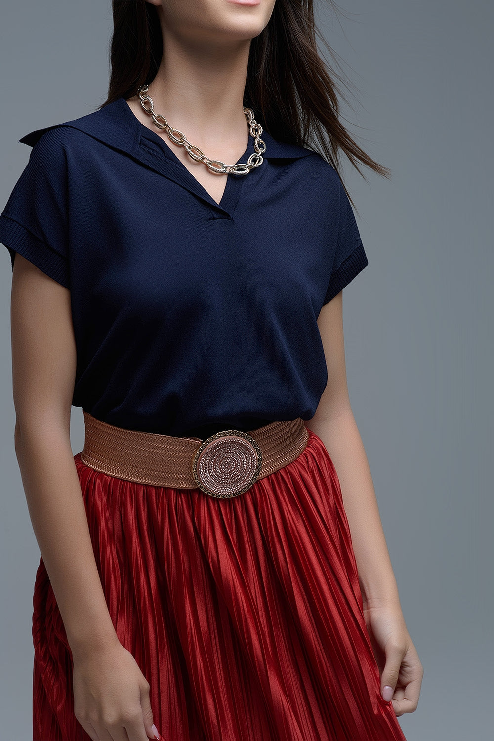 Top a manica corta in maglia fine tipo Polo in blu scuro