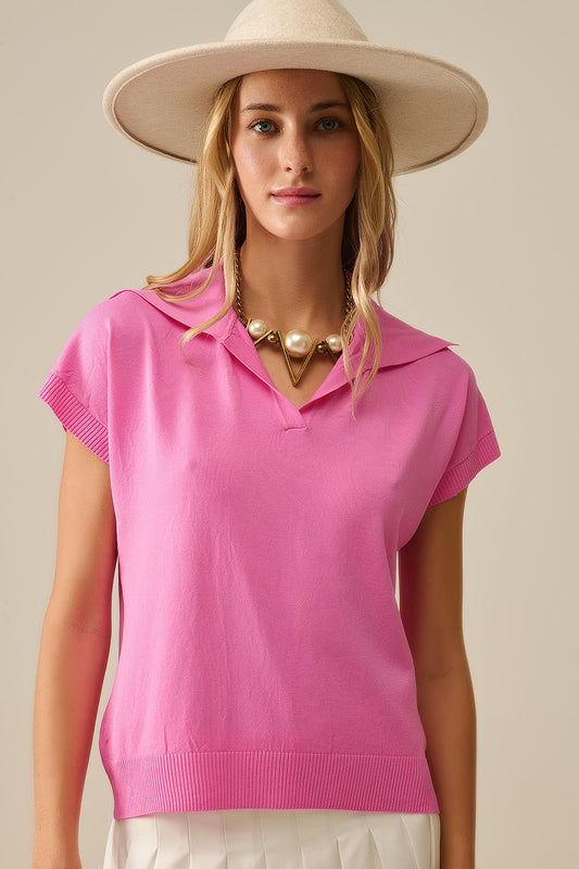 Q2 Top a manica corta in maglia fine tipo Polo in fucsia