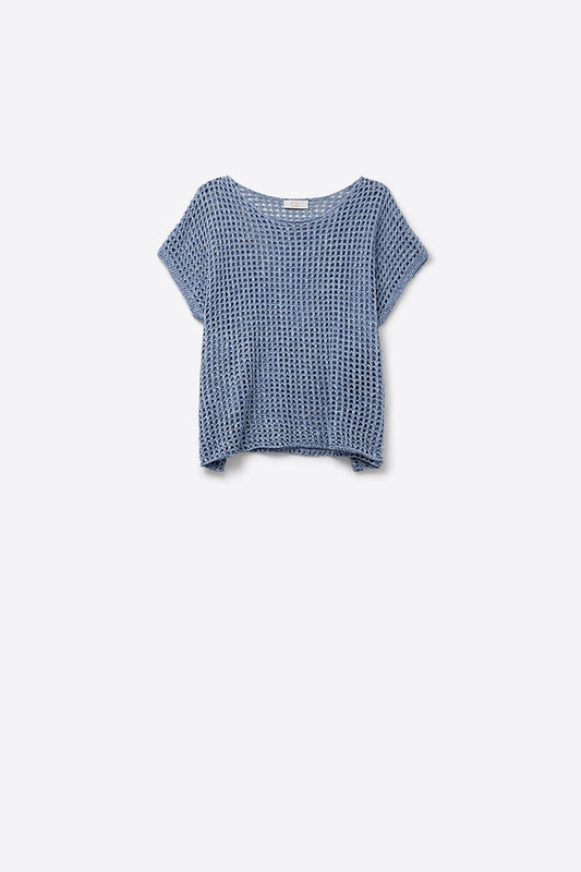 Q2 Top a maniche corte a maglia aperta scesa in blu