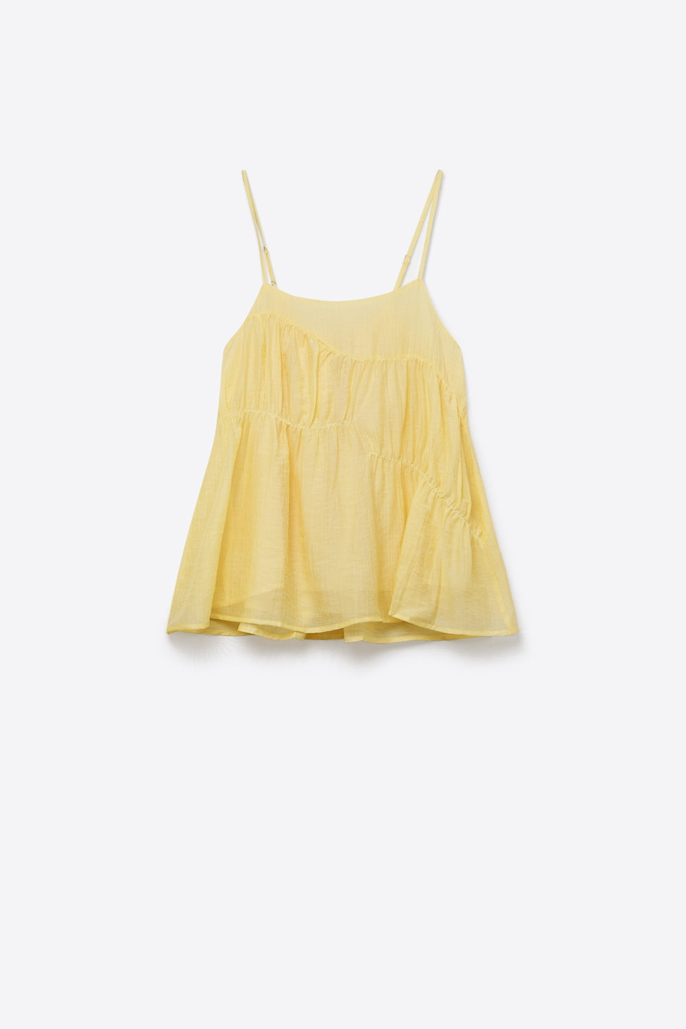 top asimmetrico a balze con spalline sottili giallo burro leggero