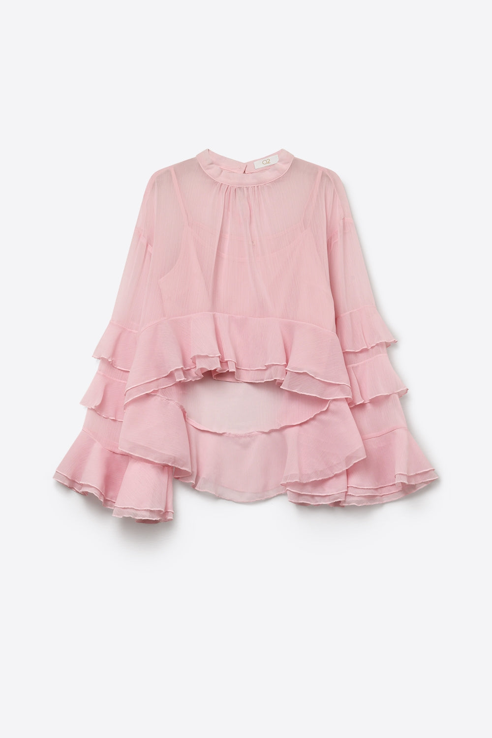Top asimmetrico a collo alto con volant in chiffon rosa chiaro