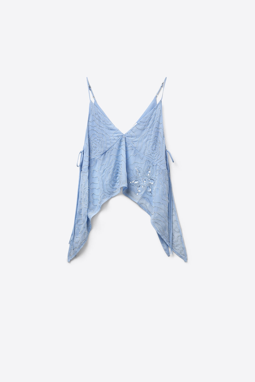 Top asimmetrico in chiffon azzurro chiaro con decorazione di perline