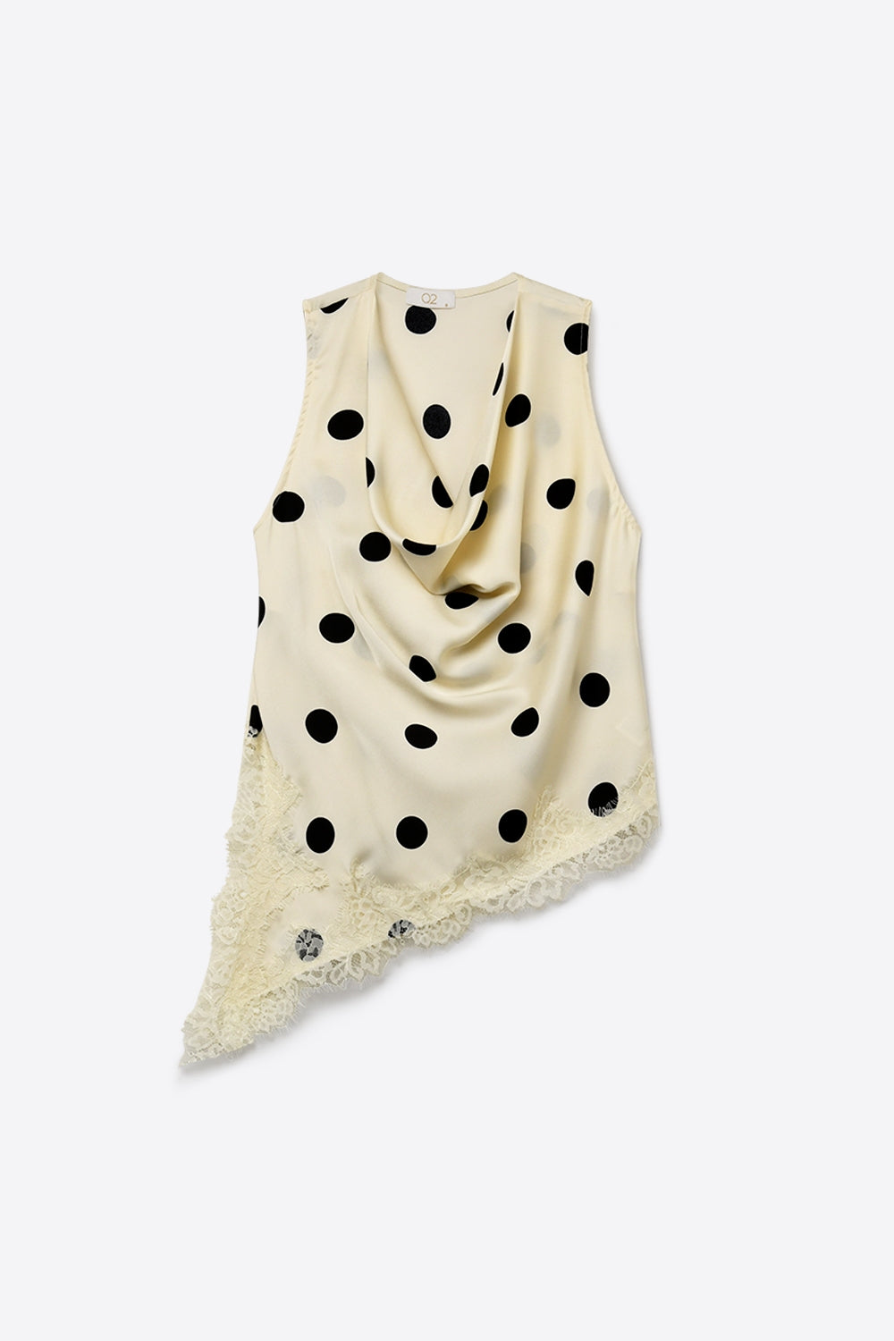 Top asimmetrico senza maniche in raso a pois color crema con bordo in pizzo
