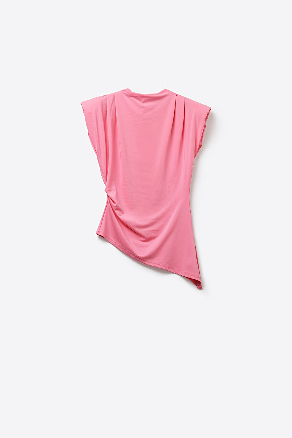 Top asimmetrico senza maniche rosa con drappeggio per donna