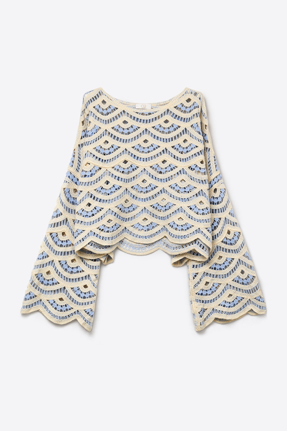 Top Azzurro Chiaro in Crochet con Orlo a Scallop e Manica Ampia