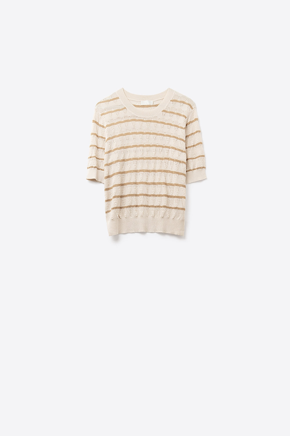 Q2 Top beige in maglia traforata con maniche corte e strisce dorate