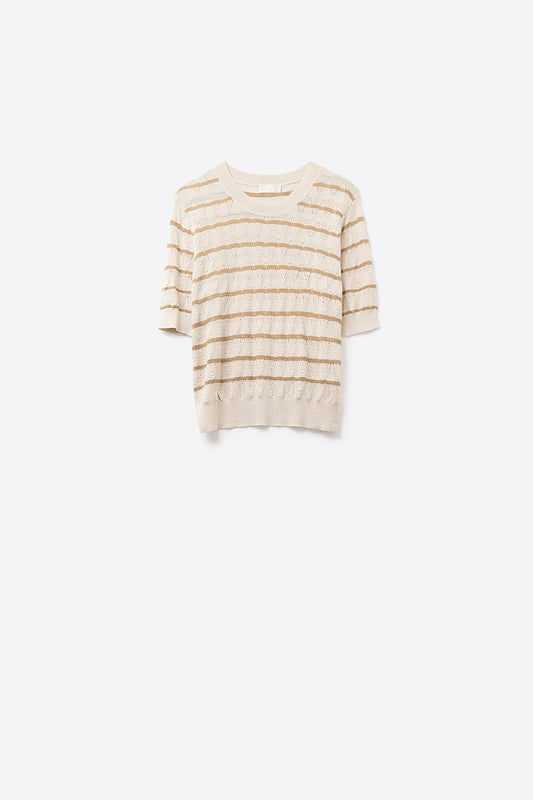 Q2 Top beige in maglia traforata con maniche corte e strisce dorate