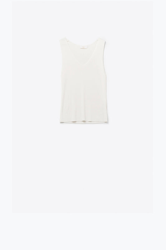 Q2 Top bianco senza maniche in maglia fine con scollo a V