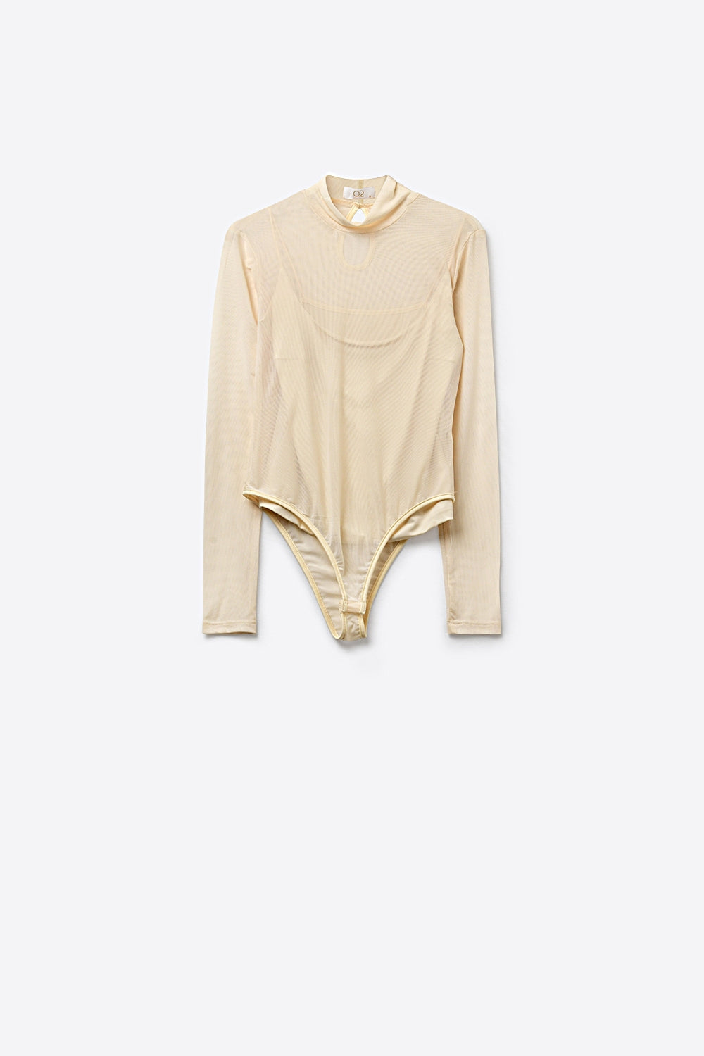 Top body a maniche lunghe in rete trasparente color crema