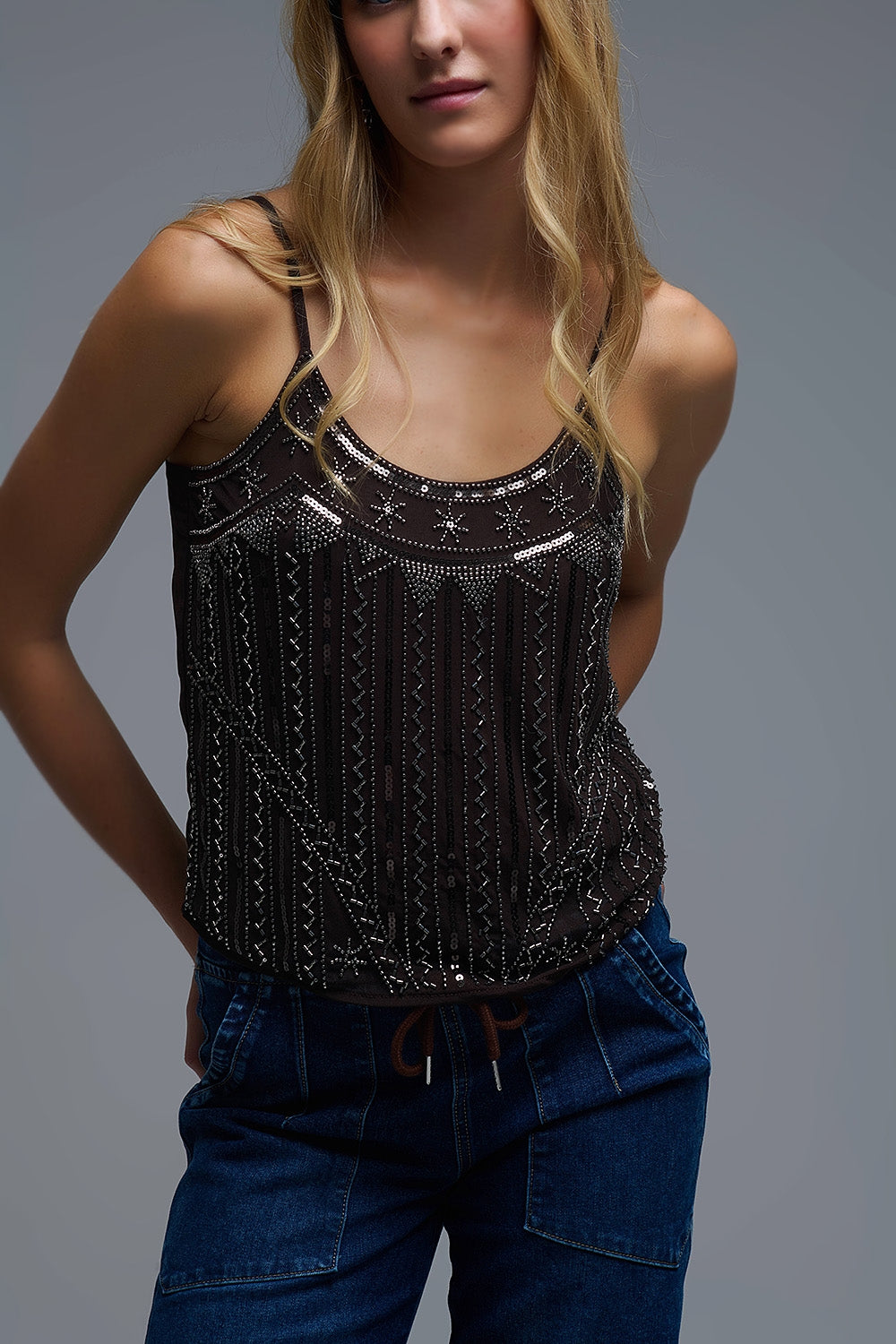 Top Cami ricamato vintage con paillettes in marrone