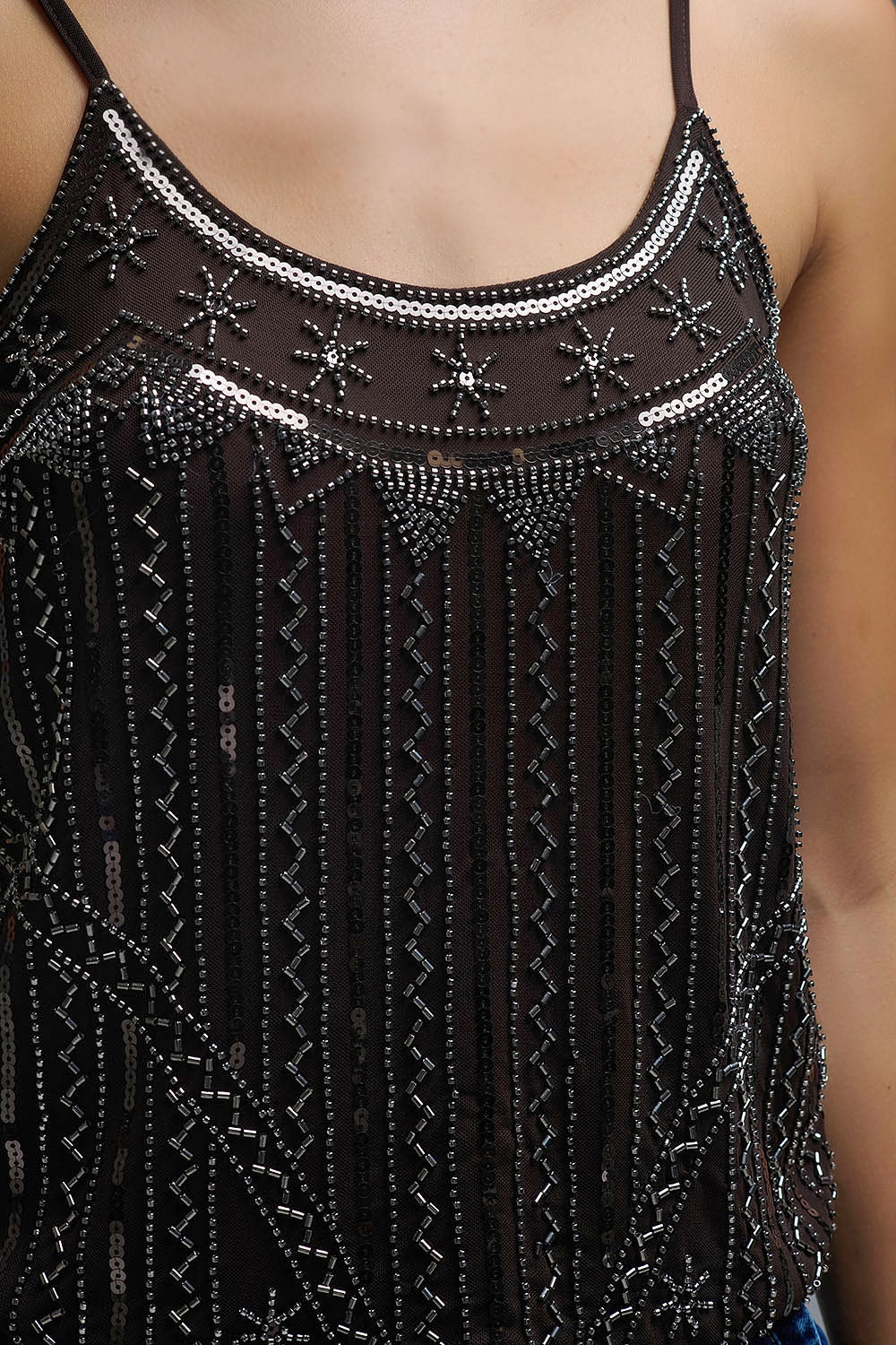Top Cami ricamato vintage con paillettes in marrone