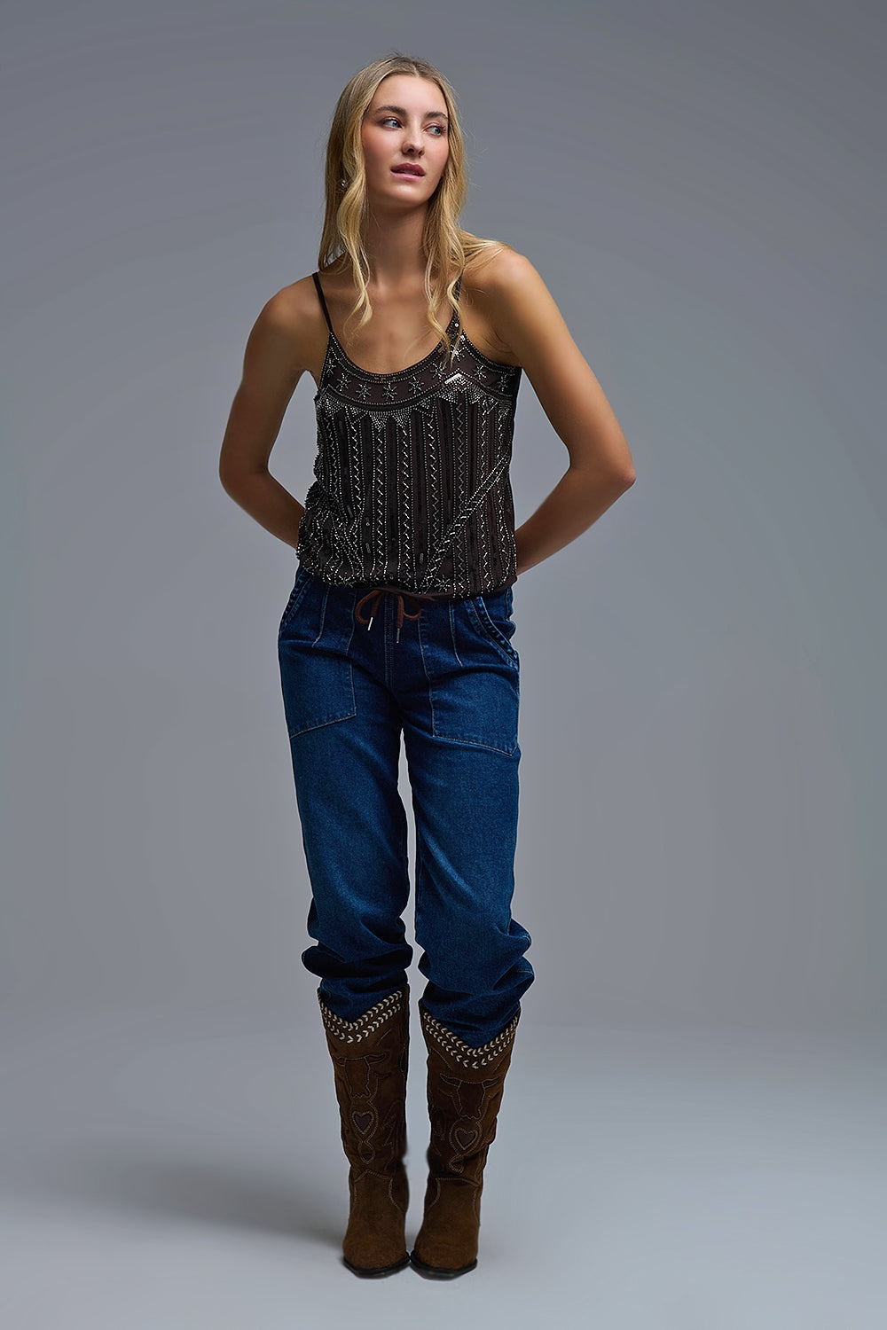 Top Cami ricamato vintage con paillettes in marrone