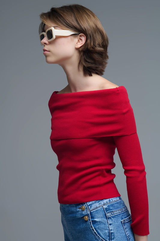 Q2 Top chic off-shoulder in maglia rossa