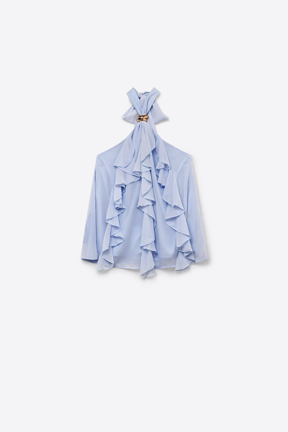 Top con Collo All'Americana e Balze in Chiffon Azzurro Chiaro