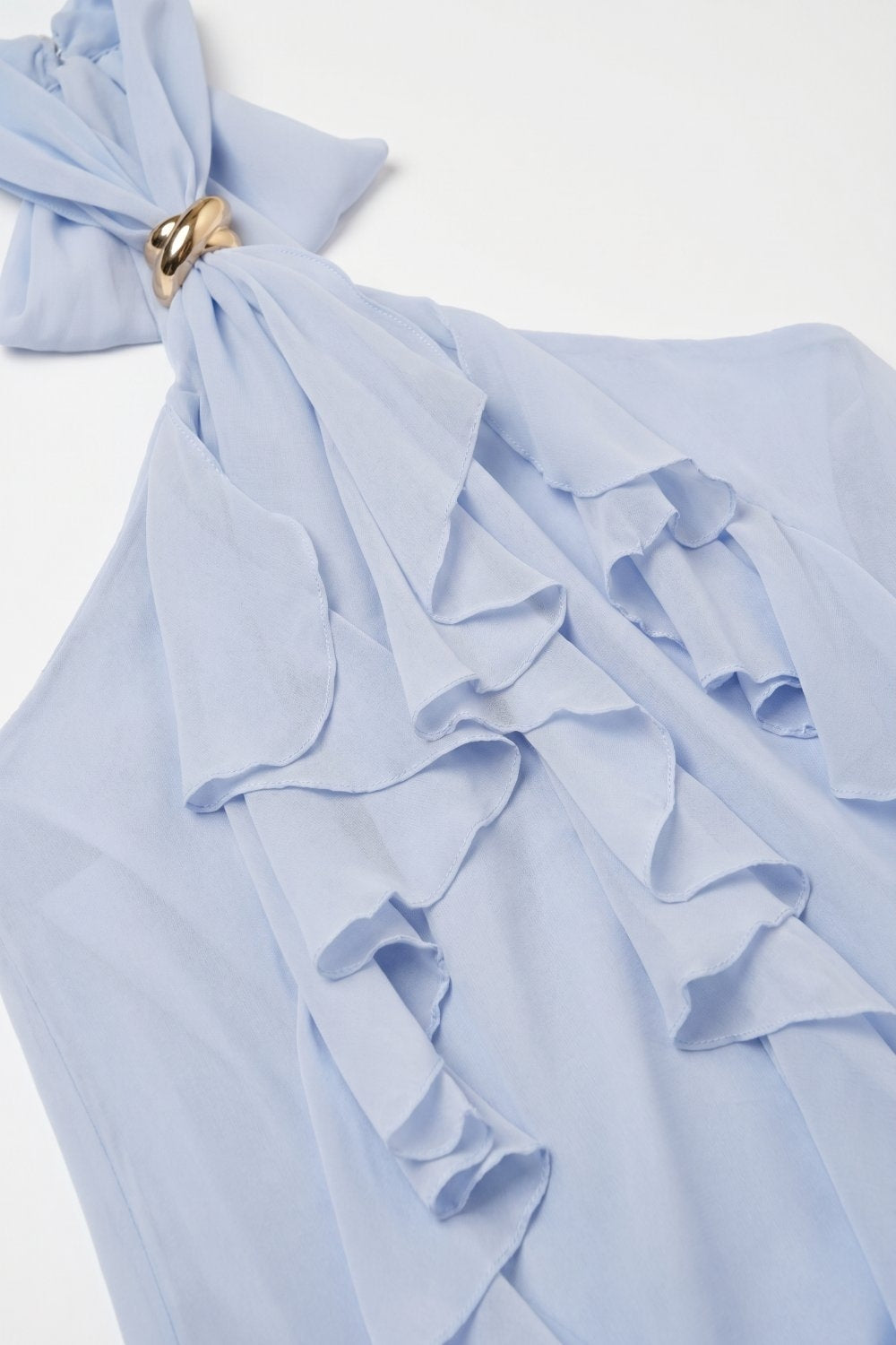 Top con Collo All'Americana e Balze in Chiffon Azzurro Chiaro