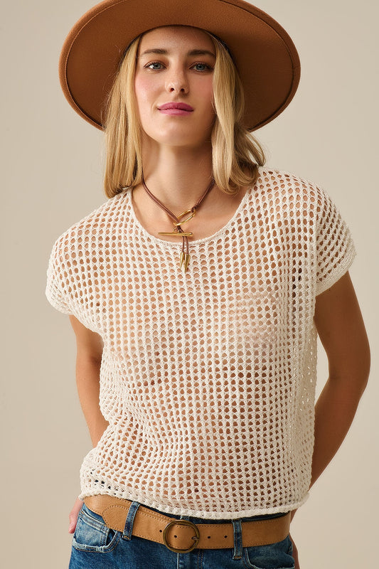 Q2 Top con maniche scese in maglia aperta all'uncinetto in bianco