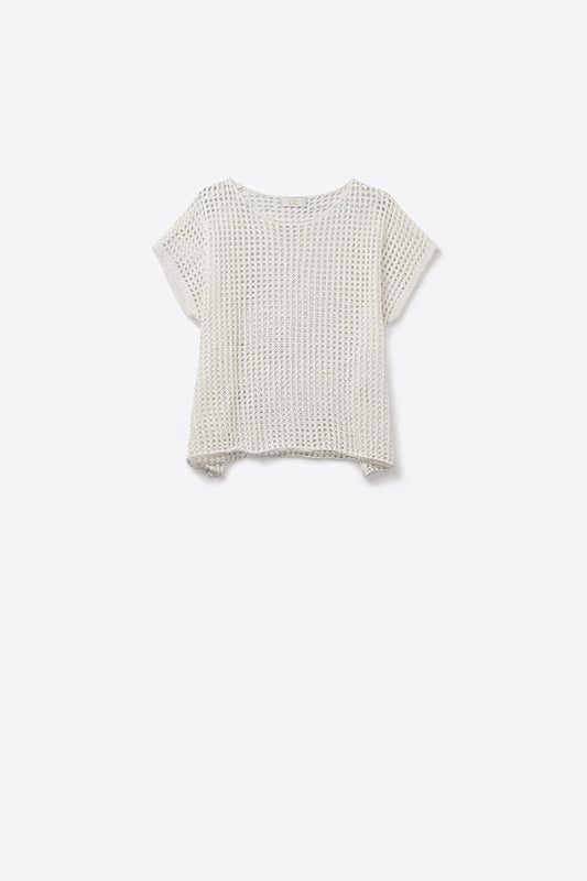 Q2 Top con maniche scese in maglia aperta all'uncinetto in bianco
