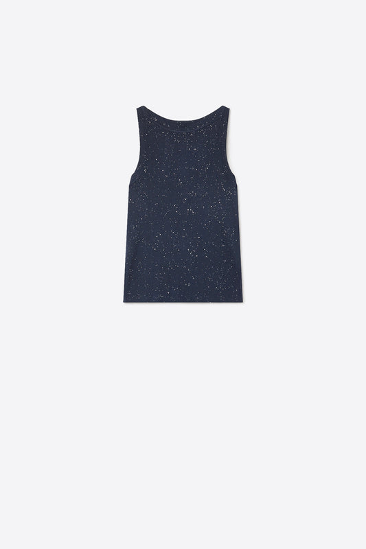 Q2 Top con scollo a barca in maglia fine maculata color navy