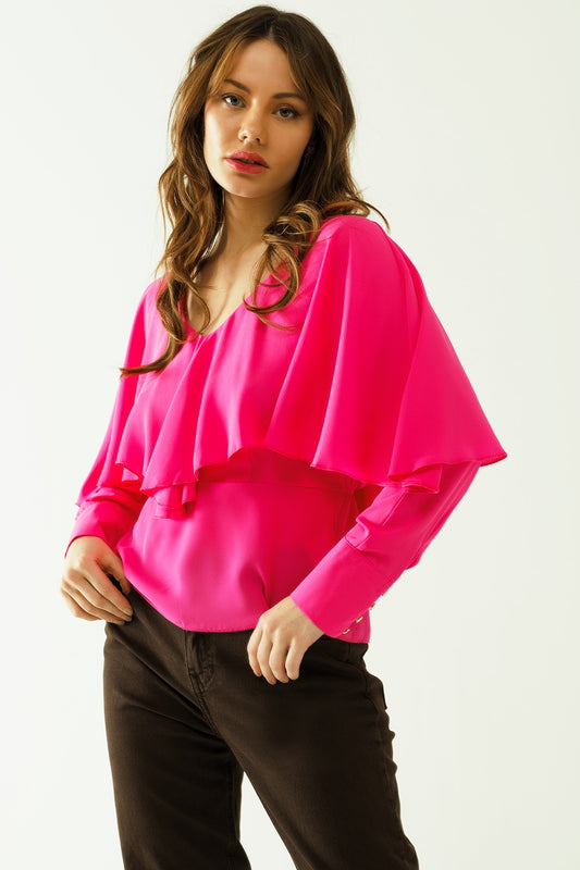 Q2 Top con scollo a V arricciato polsini con bottoni e laccetto sul retro in fucsia.