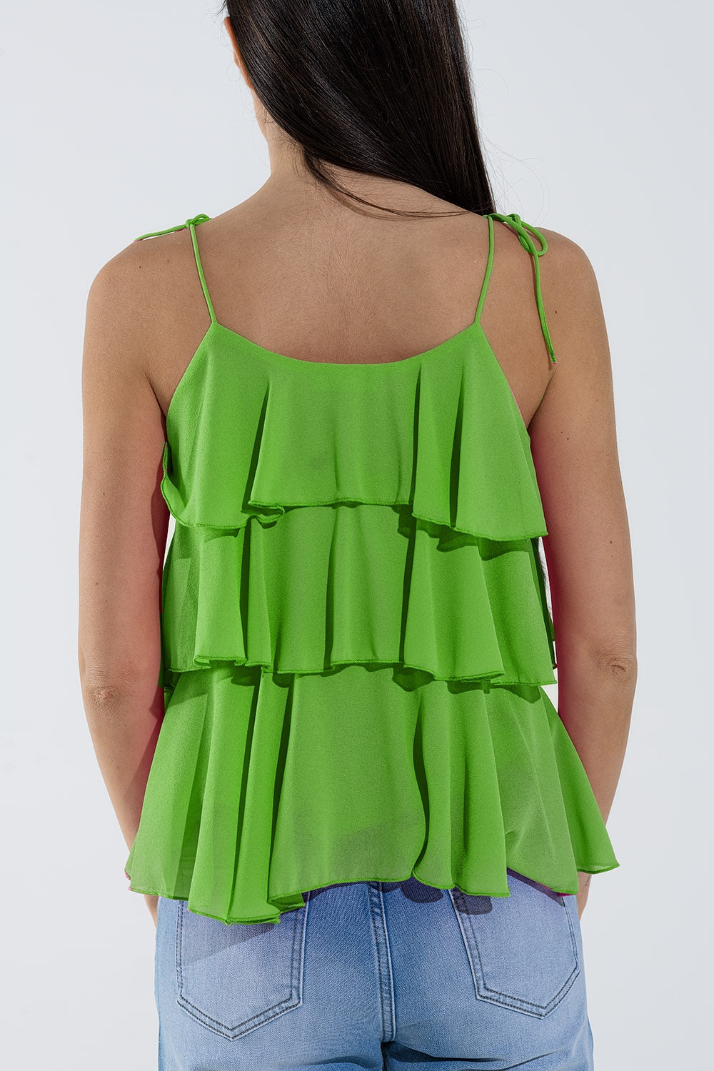 Top con volant con spalline sottili in verde