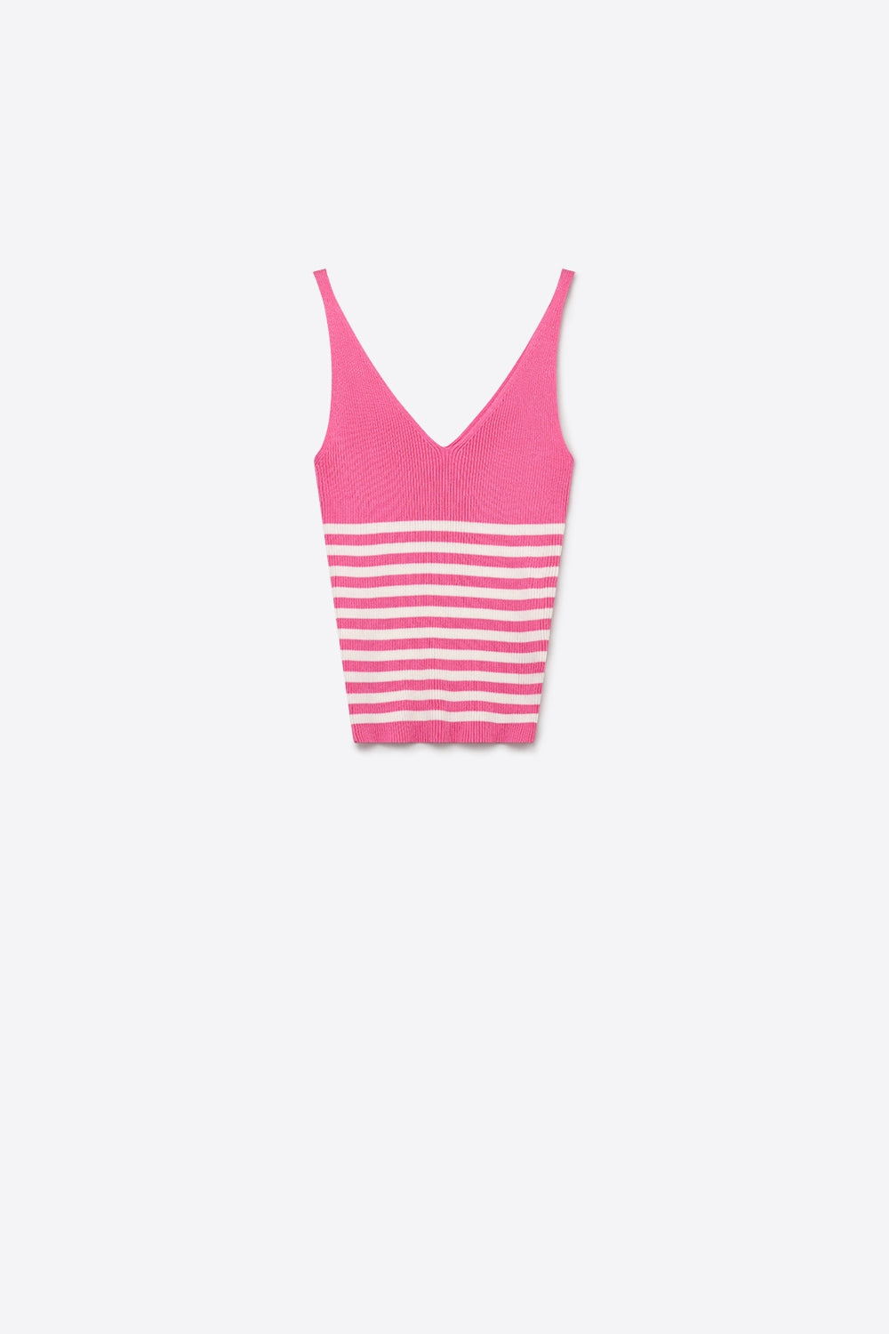 Q2 Top corto a canotta con scollo a V a righe rosa e bianche in maglia a coste