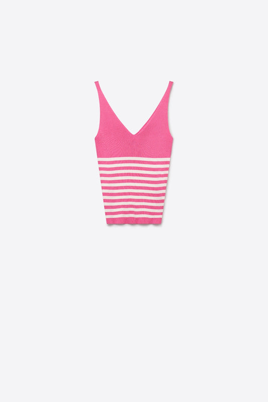 Q2 Top corto a canotta con scollo a V a righe rosa e bianche in maglia a coste