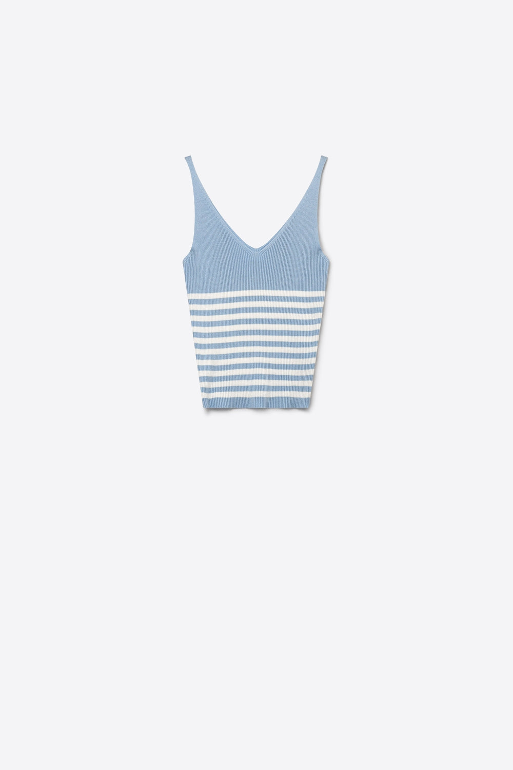 Q2 Top corto a canotta in maglia a costine con scollo a V a righe bianche e azzurre