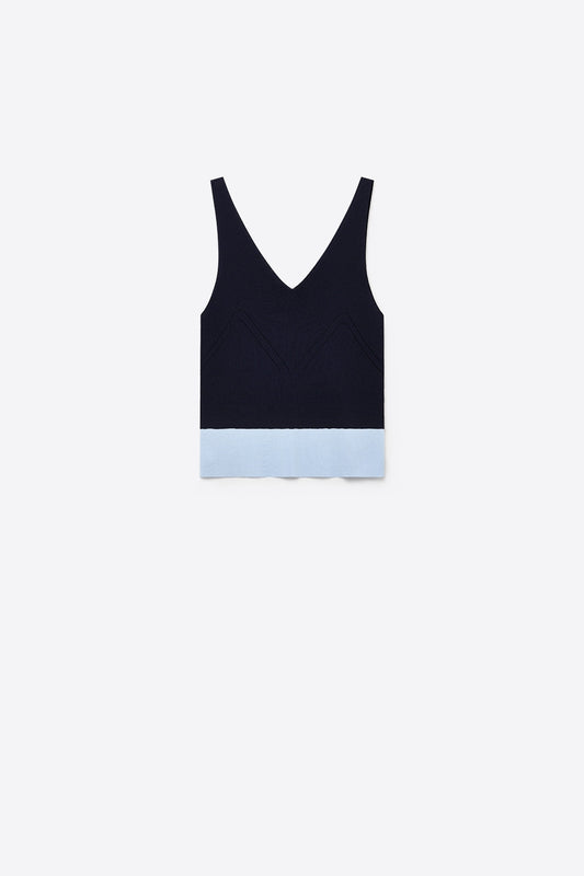 Q2 Top corto a costine con blocchi di colore navy a V