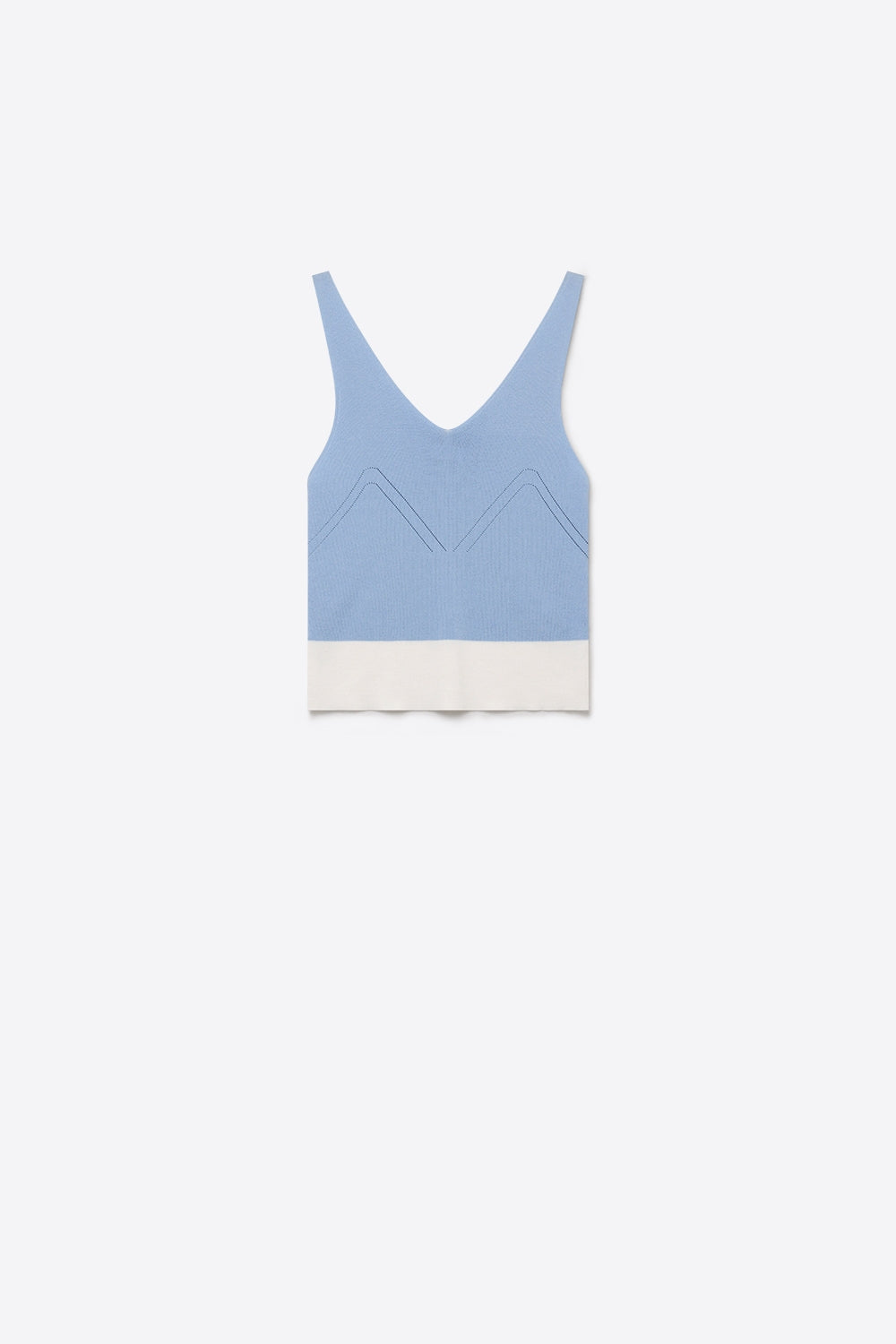 Q2 Top corto in maglia a coste blu chiaro con orlo a contrasto e scollo a V
