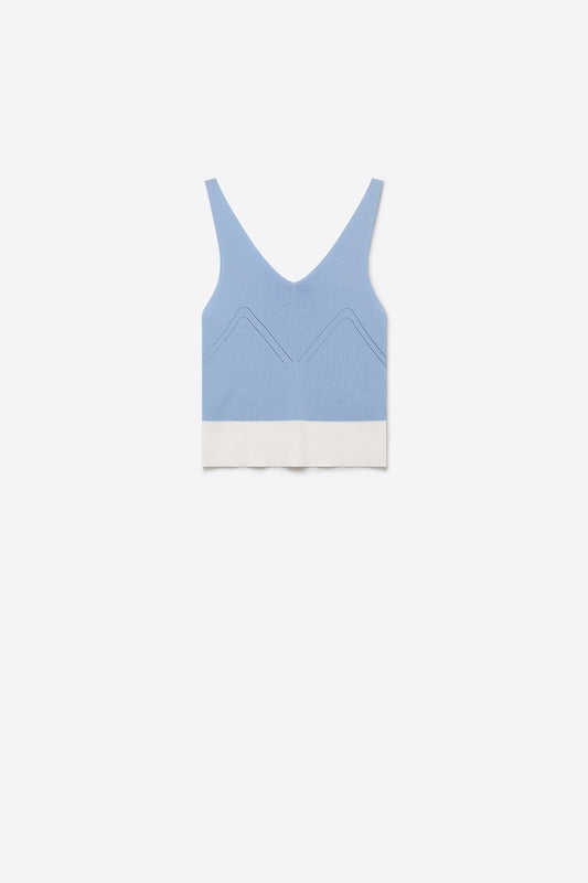 Q2 Top corto in maglia a coste blu chiaro con orlo a contrasto e scollo a V