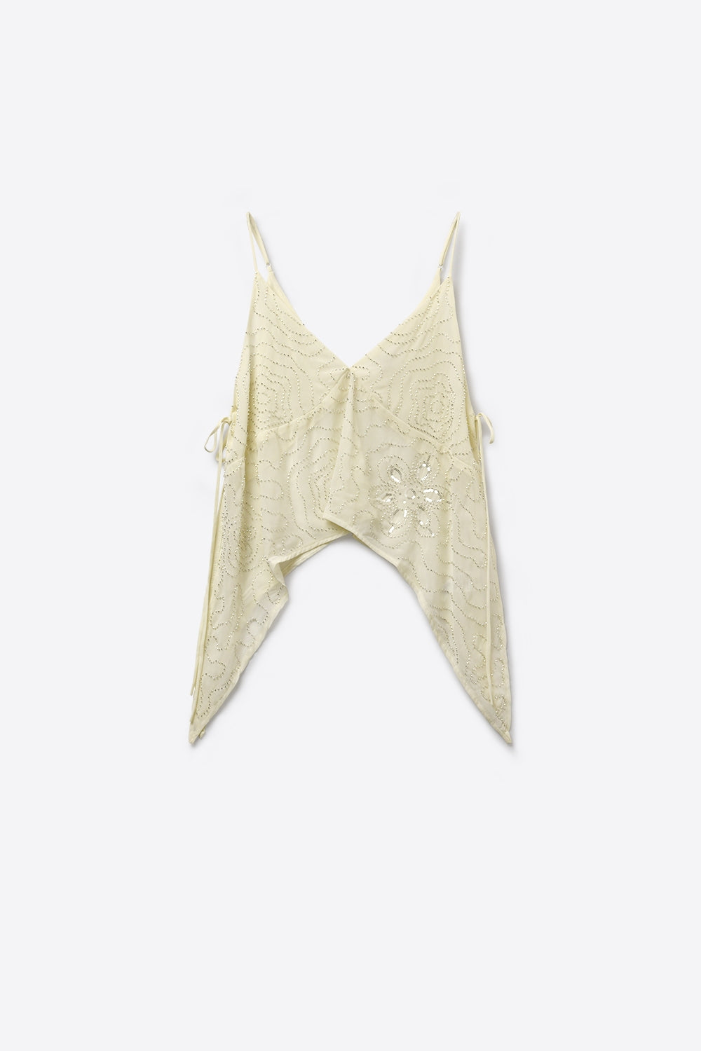 Top crema in chiffon con orlo asimmetrico e decorazione con perline