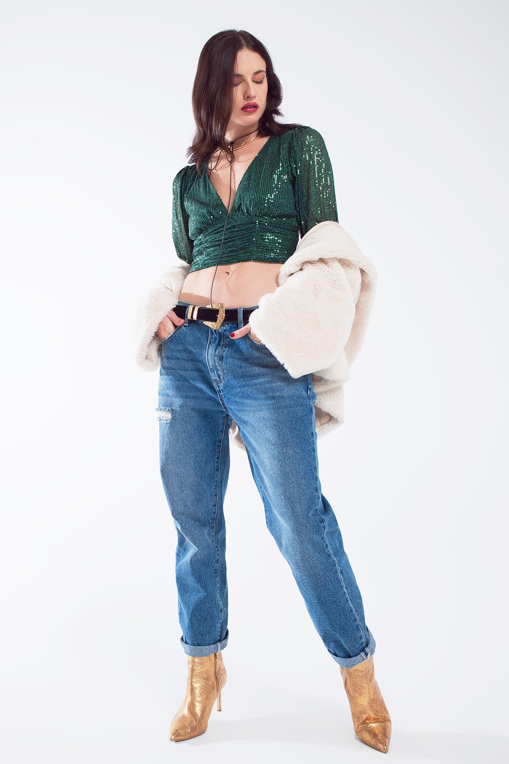 Top cropped a maniche lunghe in paillettes con scollo a V e design a rombi in verde