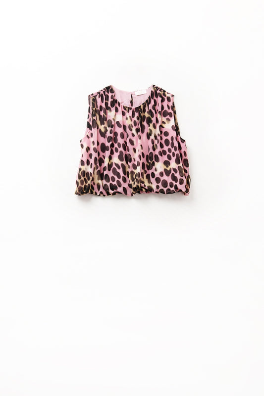 Q2 Top cropped a pieghe con stampa animalier in rosa e marrone